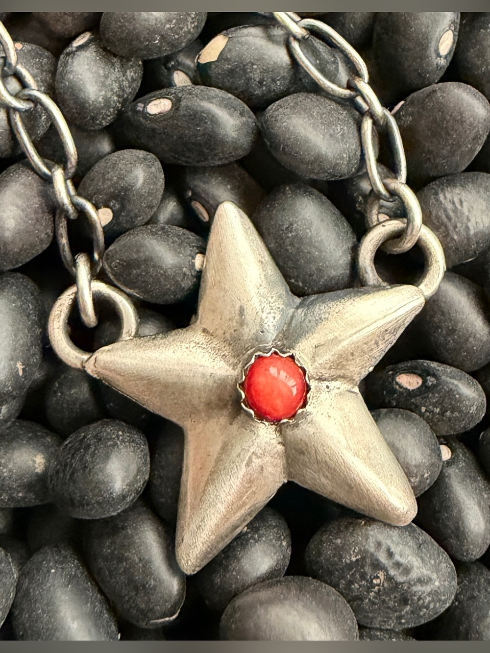 Native Handmade Sterling Silver and Red Coral Star Necklace